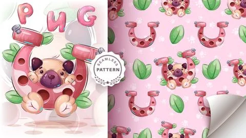 Dog with a horseshoe for luck - seamless pattern Stock Illustration
