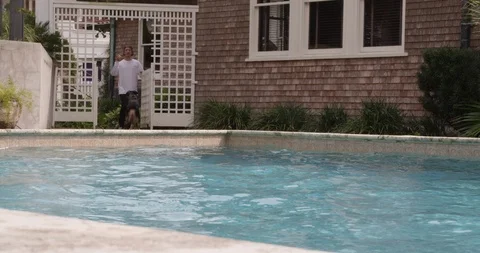 Dog jumping into a pool to fetch a ball in slow motion Stock Footage 107606518