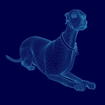 Dog is laying down on a blue background. The dog is wearing a collar and has a Stock-Illustration