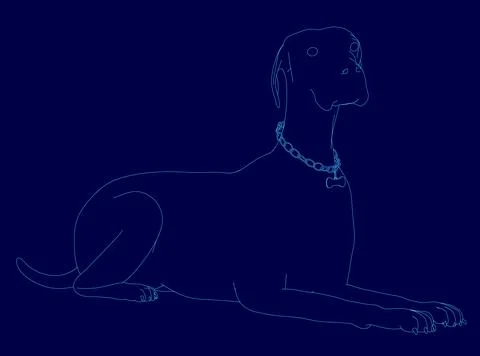 Dog is laying down on a blue background. The dog is wearing a collar. The dog is Stock Illustration