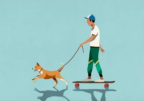 Dog on leash pulling boy riding skateboard Stock Illustration