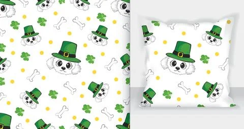 A dog in a leprechaun hat seamless pattern with green clovers. St Patrick's.. Stock Illustration