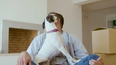 Dog licking mans face while he sitting on floor at home Stock Footage