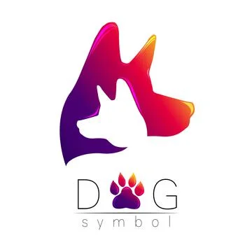 Dog logo vector. Violet pink yellow tren gradient. silhouette pet. Paw symbol Stock Illustration