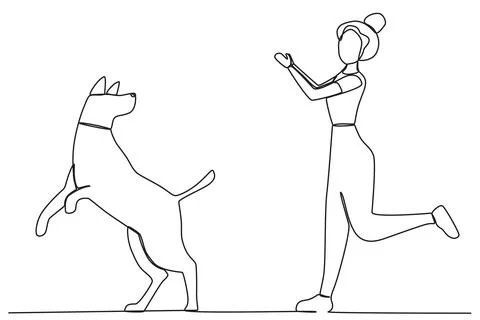 A dog looking back while playing with a woman Stock Illustration
