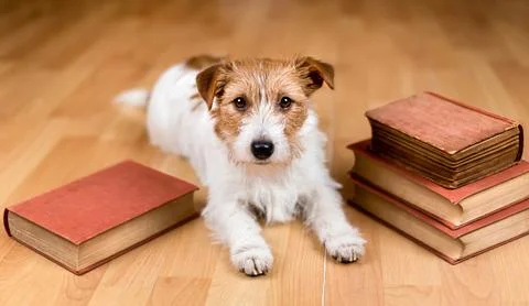 Dog looking between books, back to school Stock Photos