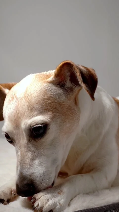Dog lying on pet bed licking paws and touching muzzle Stock Footage 287729449