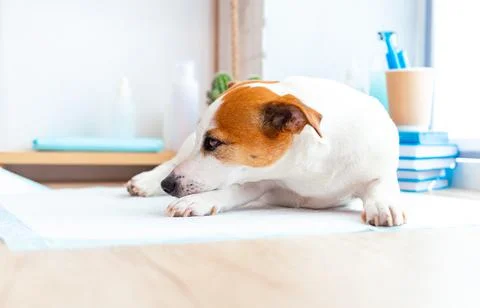 Dog lying on the table at the reception at the veterinary clinic. Stock Photos