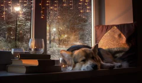 Dog lying on the windowsill in dim light with Christmas lights and books Stock Photos