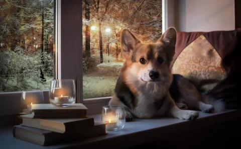 Dog lying on the windowsill in dim light with candles and books Stock Photos