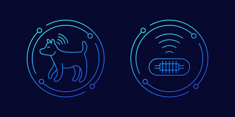 Dog with microchip icons, linear design Stock Illustration