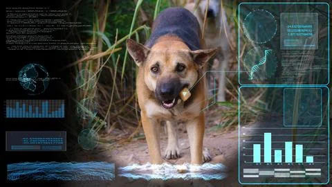 Dog in Nature with High-Tech Elements and Data Visualization Graphics Stock Photos