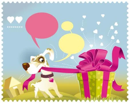 Dog opening a gift Stock Illustration