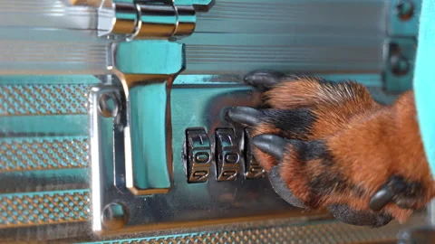 Dog opens metal combination lock on briefcase or suitcase with its paw, safety Stock Footage 257506556