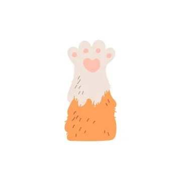 Dog or cat fluffy ginger and white paw with feet toes, vector cute animal foot Stock Illustration