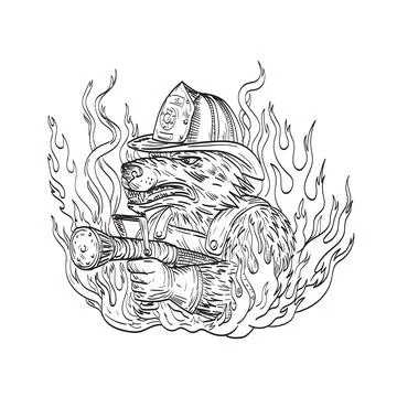 Dog or Wolf Fireman Aiming Fire Hose Wearing Firefighter Helmet with Smoke an Stock Illustration