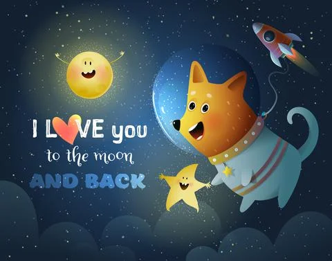 Dog in Outer Space with Moon and Star Kids Poster Stock Illustration