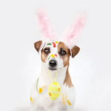 Dog with painted Easter eggs Stock Photos