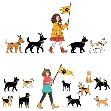 Dog Parade with Flag Bearers 스톡 일러스트