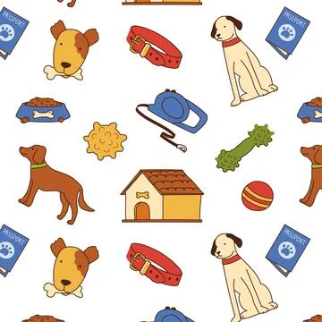 Dog pattern. Doodle seamless print with dog face and pet shop supplies. Domestic Stock Illustration