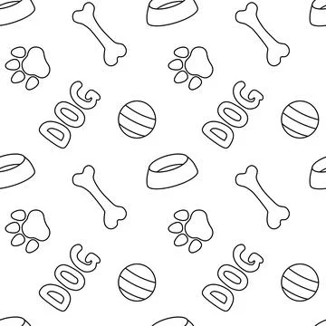 Dog pattern with outlines of bowl, bone, ball, paw print. Seamless black and Stock Illustration