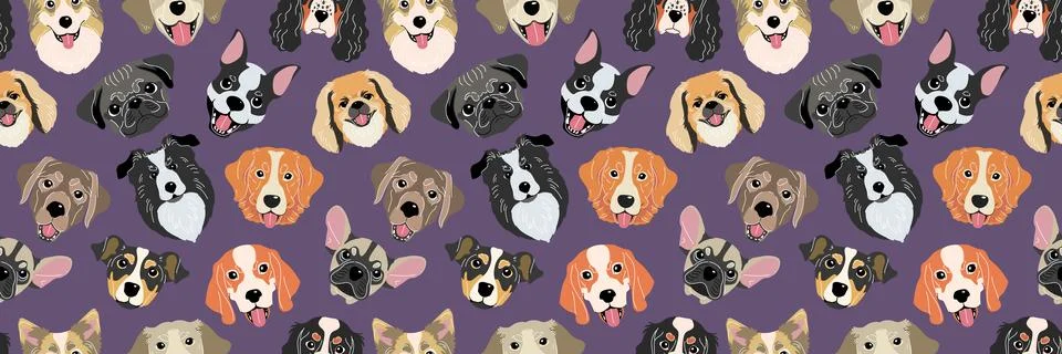 Dog pattern. Quirky head pet. Animal face seamless texture, cartoon backgroun Stock Illustration