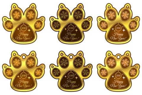 Dog Paw 2018 of New Year. Set of Stickers Illustrazione stock