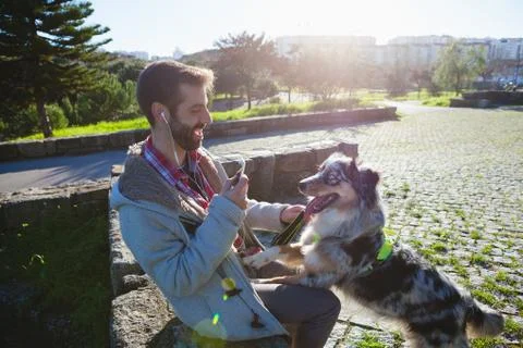 Dog with paws on owner's lap in park Stock Photos