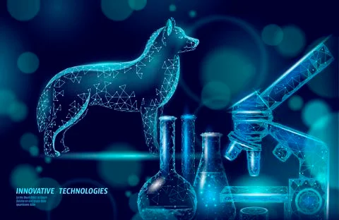 Dog pet standing with microscope lab. Low poly polygonal 3D dog silhouette Stock-Illustration
