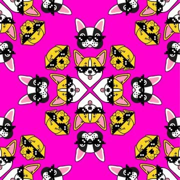 Dog in pixel sunglasses. Seamless pattern on pink Stock Illustration