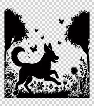 Dog playing in a garden vector silhouette Stock Illustration