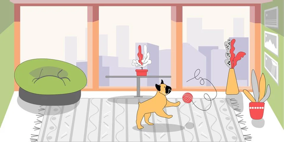 The dog is playing in the room. Ilustración de archivo