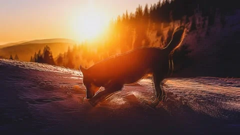 Dog playing on the snow on mountains at sunset, computer painting effect. Loop Stock Footage 231147181