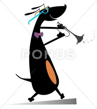 Dog plays on trumpet Stock Illustration