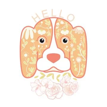 Dog portrait decorated with doodle pattern inside and flower. Stock Illustration