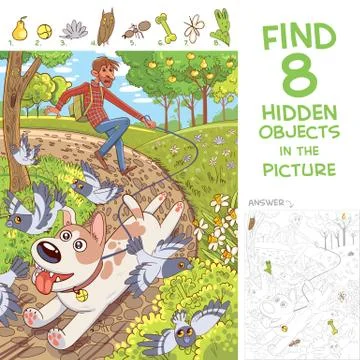 Dog pulls leash with its owner. Walk in the park. Find hidden objects Ilustración de archivo