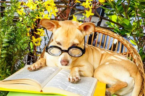 Dog reading a book Stock-Fotos