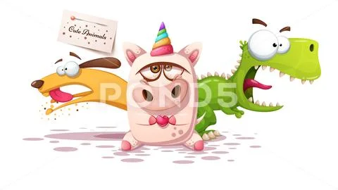 Dog, rhino, unicorn - cartoon characters. Stock Illustration