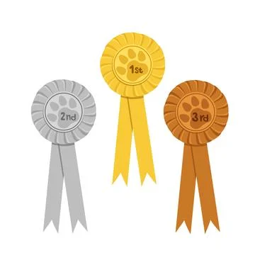 Dog rosettes for 1st, 2nd, 3rd places. Gold, silver, bronze awards of ribbon Stock Illustration