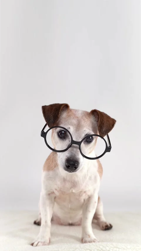 Dog in round glasses looking at camera in white studio Stock Footage 332352199