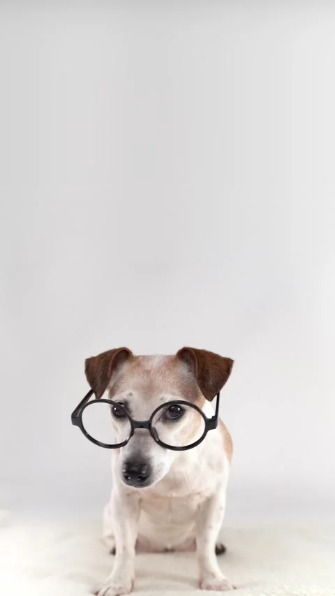 Dog in round glasses on white background Vídeo Stock 332352201