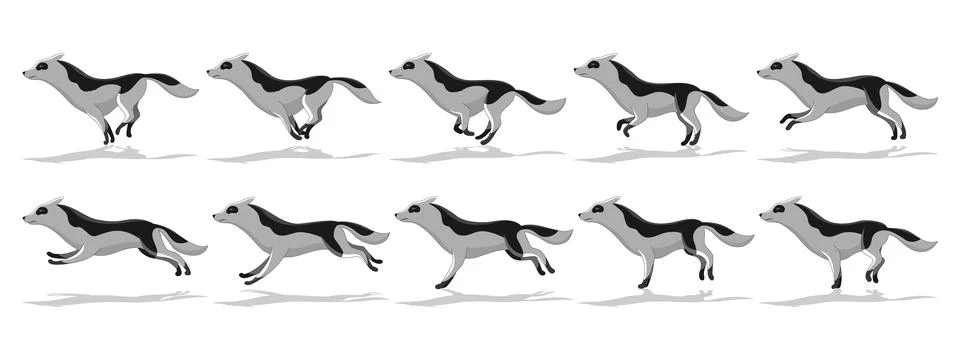 Dog running animation with different creature movements. Doggy poses in movement Illustrazione stock