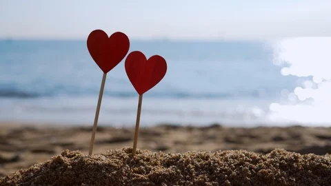 The dog runs against the background of two hearts on the sea beach. Stock Footage 122246119