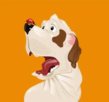 Dog scared of a ladybug Vector. Funny cartoon characters Illustrazione stock
