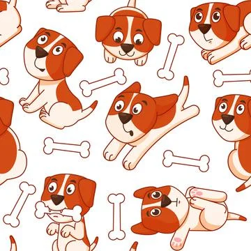 Dog seamless pattern. Cartoon beagle and bones on repeat texture. Funny poses Stock Illustration
