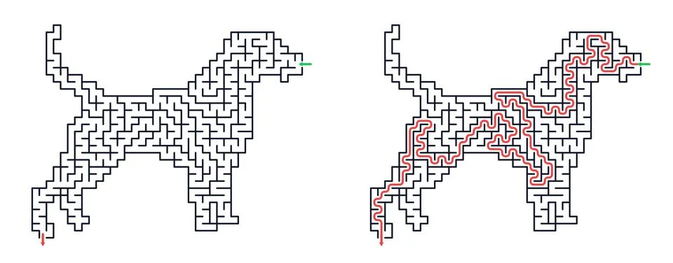 Dog shaped maze with solution path. Educational puzzle game for child. Brain  Stock Illustration