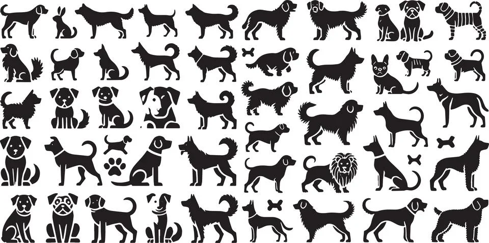 Dog silhouettes vector collection featuring various breeds and poses black Stock Illustration