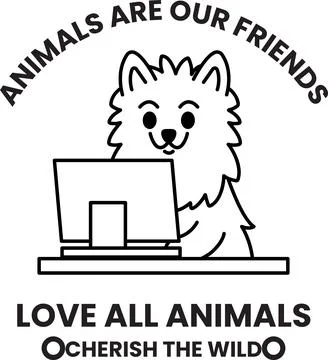 A dog is sitting at a computer and the text says "Animals are our friends" Stock-Illustration