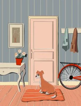 The dog is sitting in front of the door in the hallway Stock Illustration