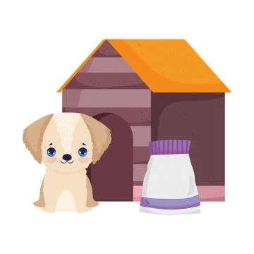 Dog sitting in house with food package pets Stock Illustration